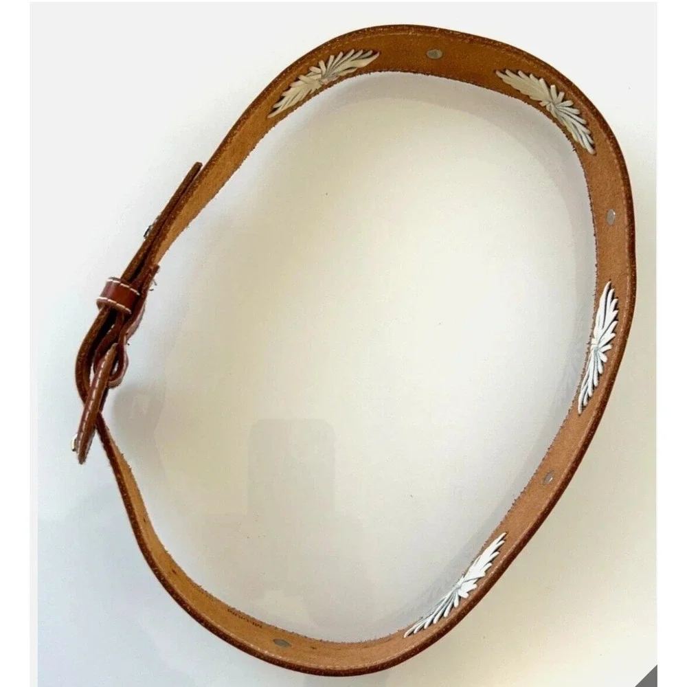 90s Liz Claiborne Leather Belt M Tan Starburst Embroidered Etch Concho Stud NEW
